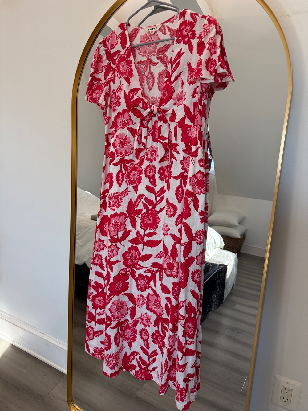 BODEN Floral Tie-Front Midi Dress in Red and White US Sz 10R NWOT